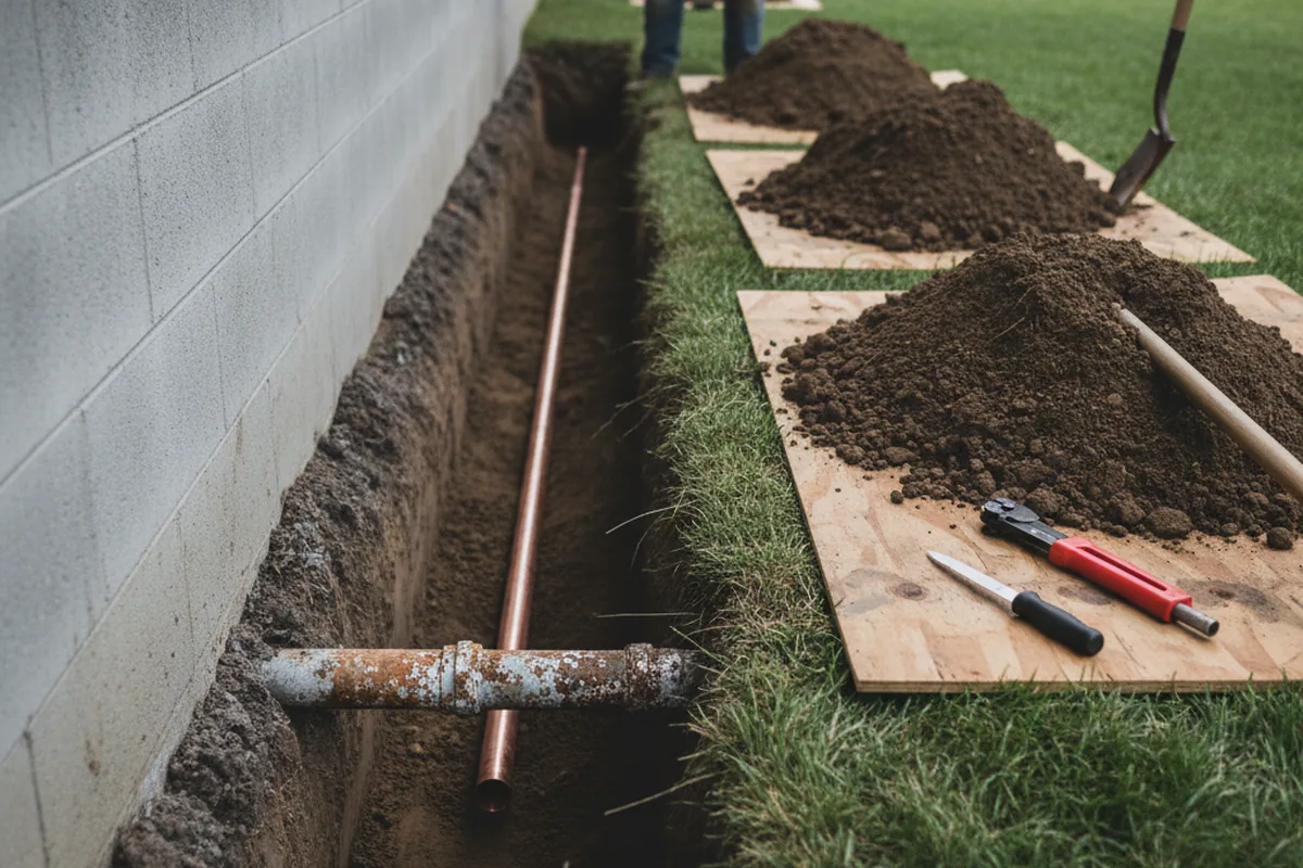 Excavated water line trench during Sewer Line Repair in Leechburg